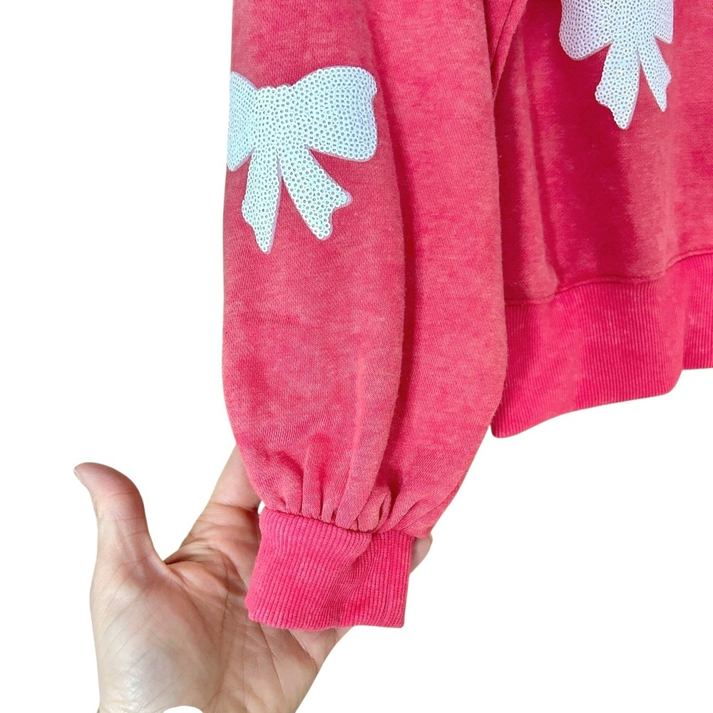 Kawaii Style Hot Pink Sweatshirt Women's Size S White Sequin Bow Applique - Picture 4 of 6